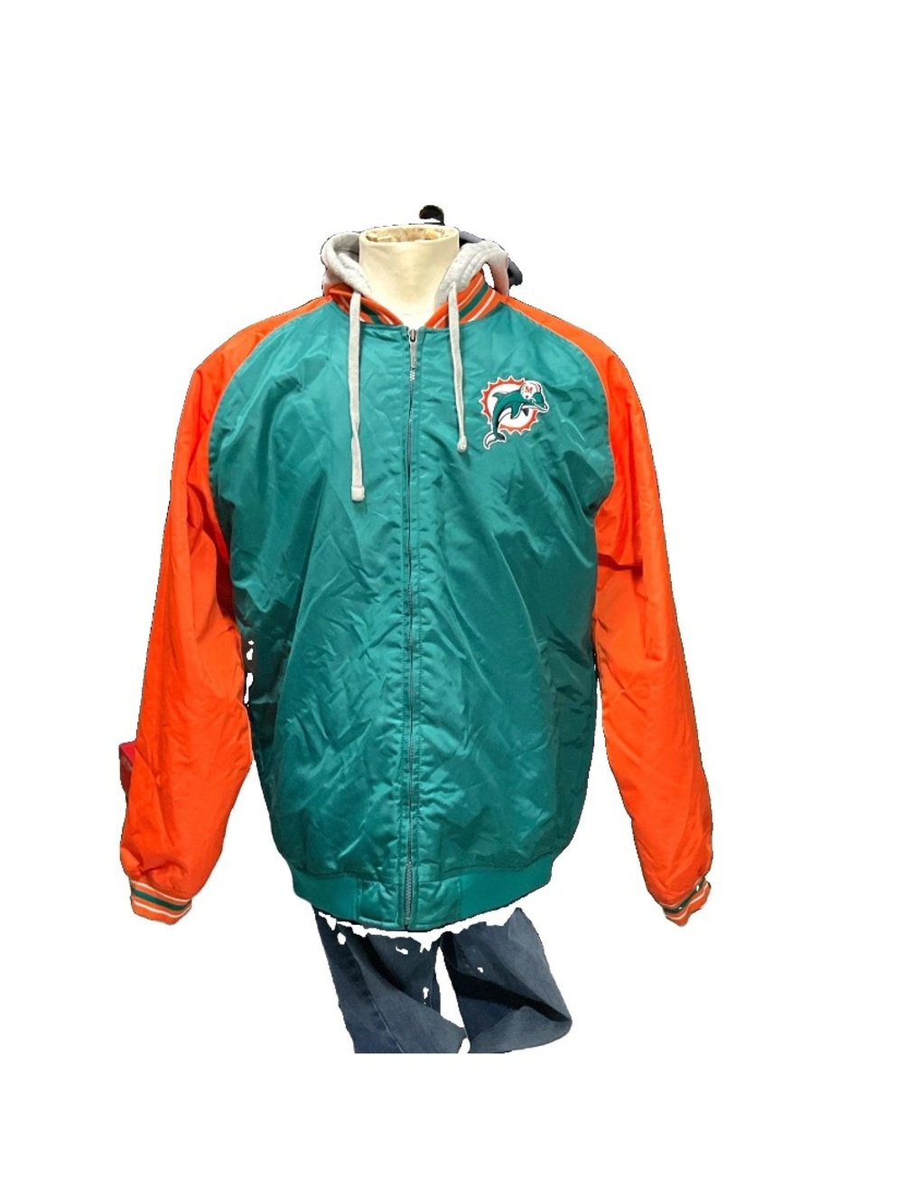 Reebok Vtg Miami Dolphins Insulated Hooded Bomber Jacket Size Large